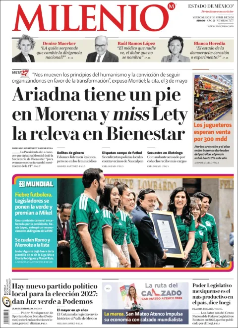 Portada de Milenio Edo de Mexico del miércoles, 29 de abril de 2026