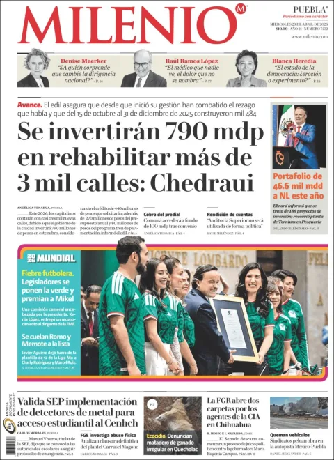 Portada de Milenio Puebla del miércoles, 29 de abril de 2026