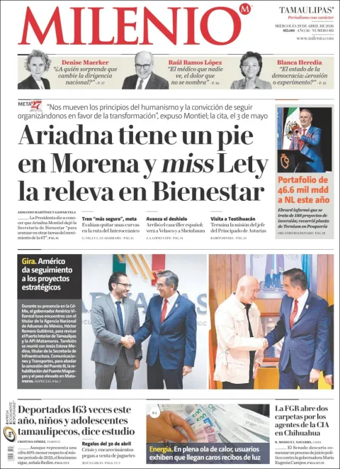 Portada de Milenio Tamaulipas del miércoles, 29 de abril de 2026