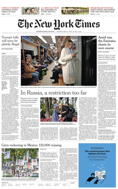 Portada de The New York Times (international) del jueves, 30 de abril de 2026