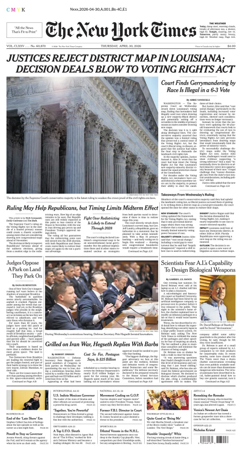 Portada de The New York Times (new York) del jueves, 30 de abril de 2026