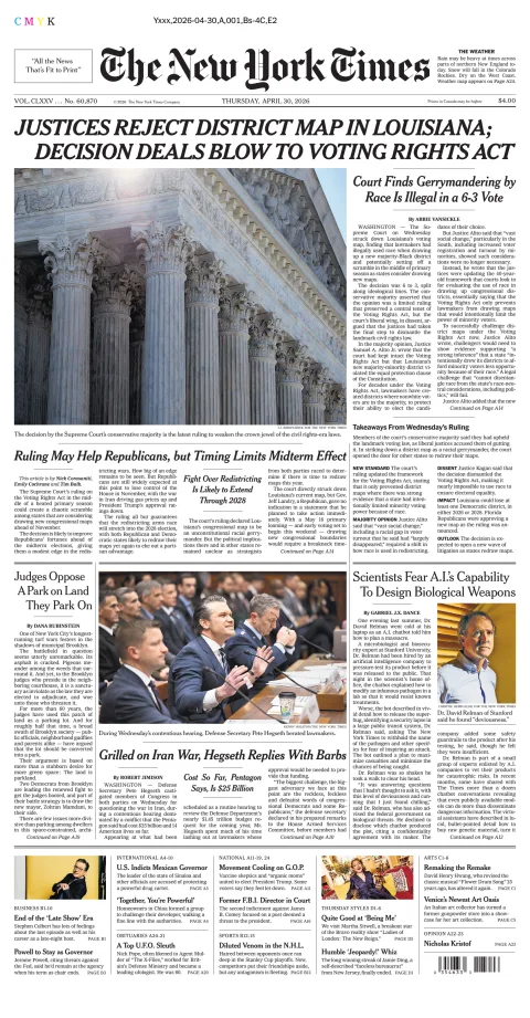 Portada de The New York Times (national) del jueves, 30 de abril de 2026