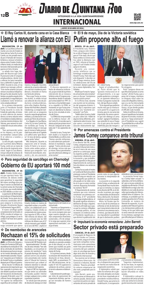 Portada de Diario de Quintana Roo (contra Portada) del jueves, 30 de abril de 2026
