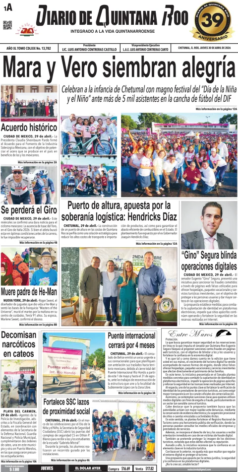 Portada de Diario de Quintana Roo (portada) del 2026-04-30