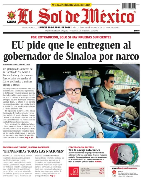 Portada de El Sol de Mexico del jueves, 30 de abril de 2026