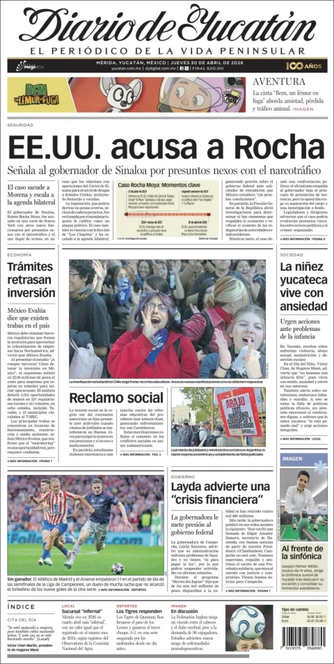 Portada de Diario de Yucatán del jueves, 30 de abril de 2026