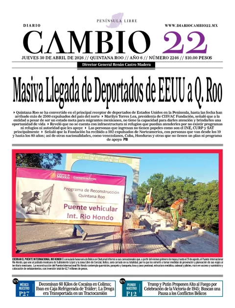 Portada de Diario Cambio 22 (contraportada) del jueves, 30 de abril de 2026