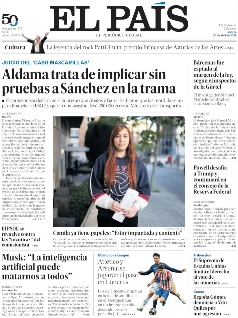 Portada de El Pais del jueves, 30 de abril de 2026