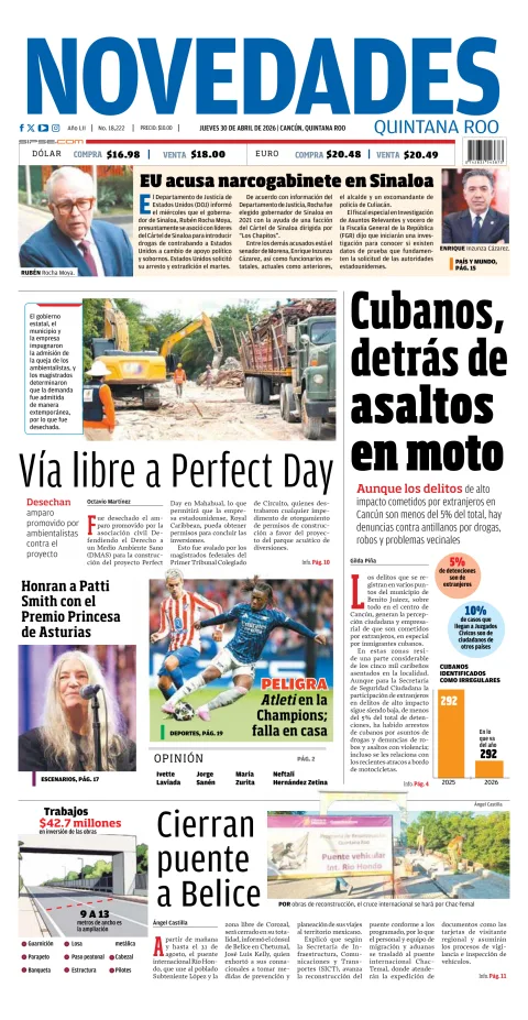 Portada de Novedades Quintana Roo del jueves, 30 de abril de 2026