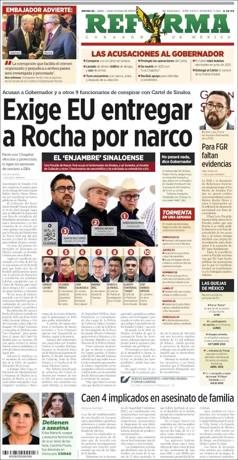 Portada de Reforma del jueves, 30 de abril de 2026