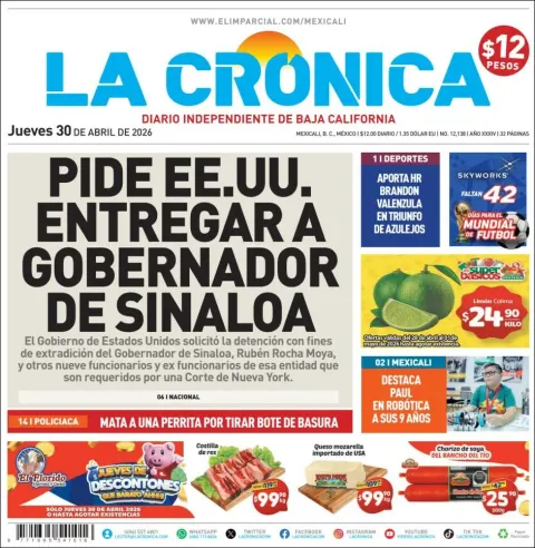 Portada de La Cronica del jueves, 30 de abril de 2026