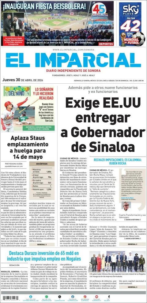 Portada de El Imparcial del jueves, 30 de abril de 2026