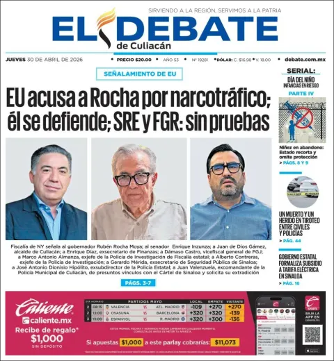 Portada de El Debate de Culiacan del jueves, 30 de abril de 2026