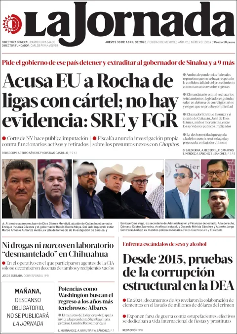 Portada de La Jornada del jueves, 30 de abril de 2026