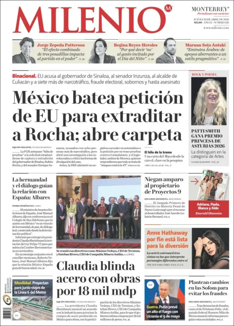 Portada de Milenio del jueves, 30 de abril de 2026