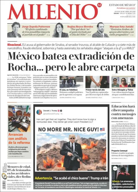 Portada de Milenio Edo de Mexico del jueves, 30 de abril de 2026