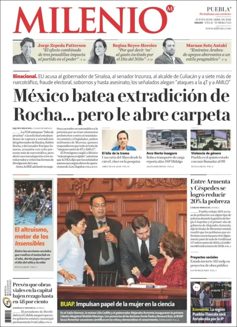 Portada de Milenio Puebla del jueves, 30 de abril de 2026