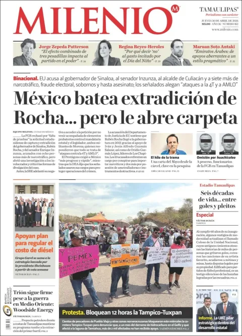 Portada de Milenio Tamaulipas del jueves, 30 de abril de 2026