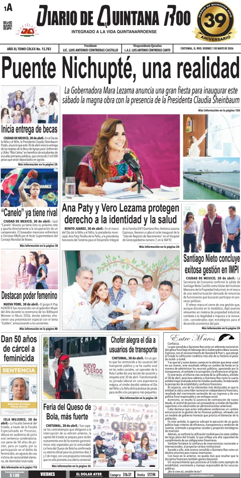 Portada de Diario de Quintana Roo (portada) del 2026-05-01