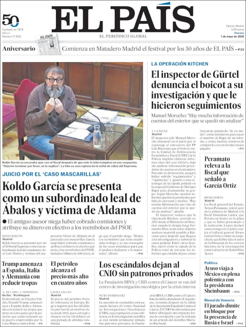 Portada de El Pais del viernes, 1 de mayo de 2026