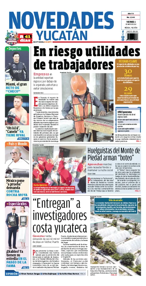Portada de Novedades Yucatan del viernes, 1 de mayo de 2026