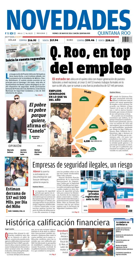 Portada de Novedades Quintana Roo del viernes, 1 de mayo de 2026