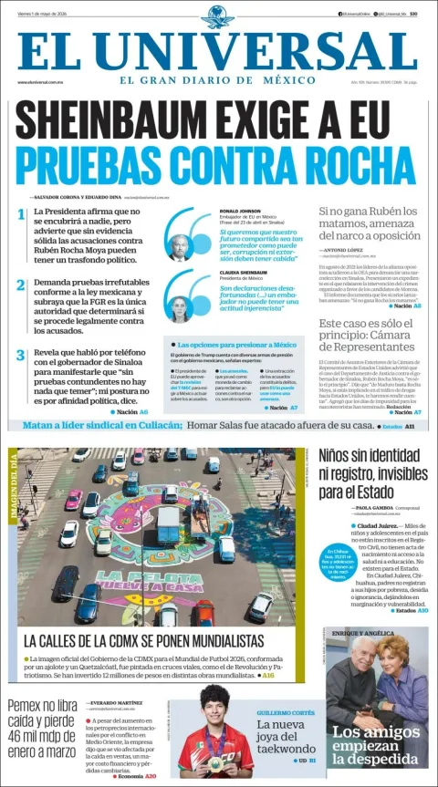 Portada de El Universal del viernes, 1 de mayo de 2026