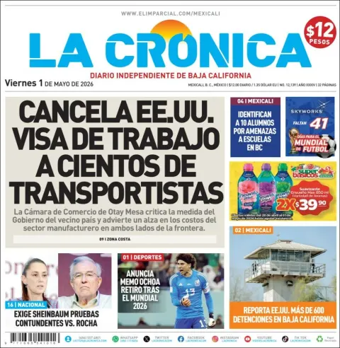 Portada de La Cronica del viernes, 1 de mayo de 2026