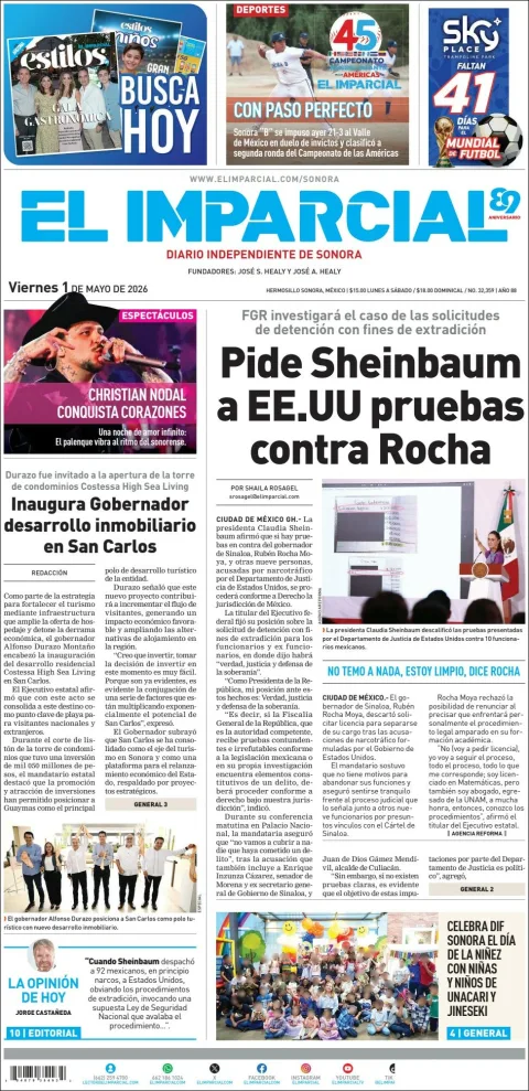 Portada de El Imparcial del viernes, 1 de mayo de 2026