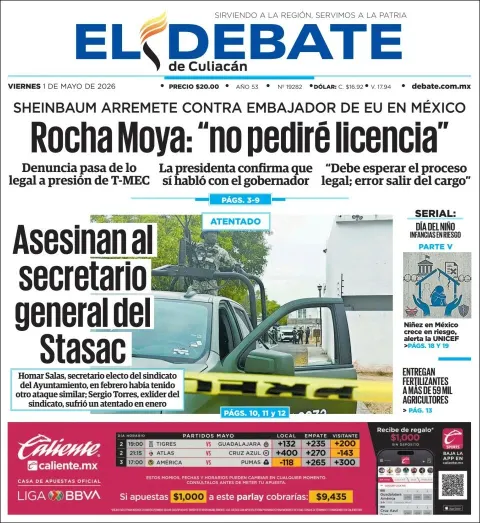 Portada de El Debate de Culiacan del viernes, 1 de mayo de 2026