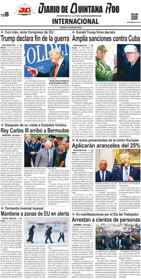 Portada de Diario de Quintana Roo (contra Portada) del sábado, 2 de mayo de 2026