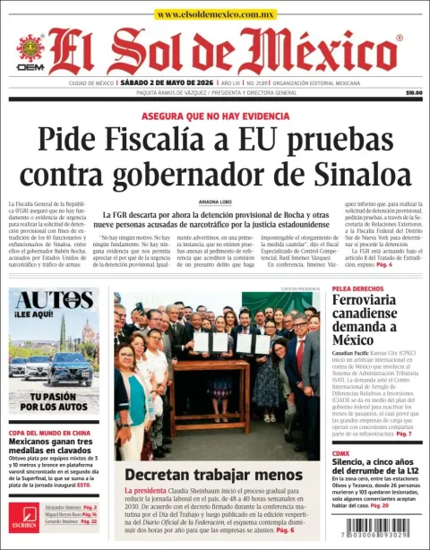 Portada de El Sol de Mexico del sábado, 2 de mayo de 2026