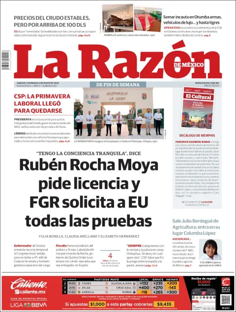 Portada de La Razon del sábado, 2 de mayo de 2026