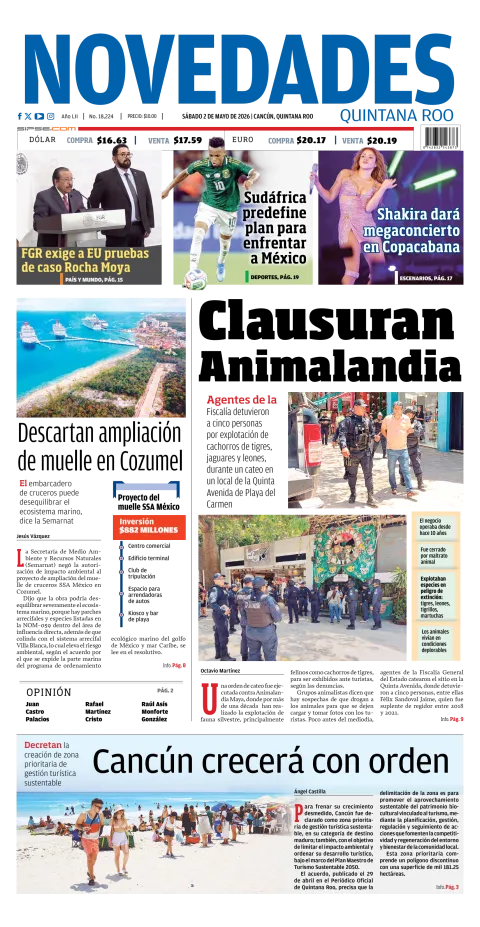 Portada de Novedades Quintana Roo del sábado, 2 de mayo de 2026