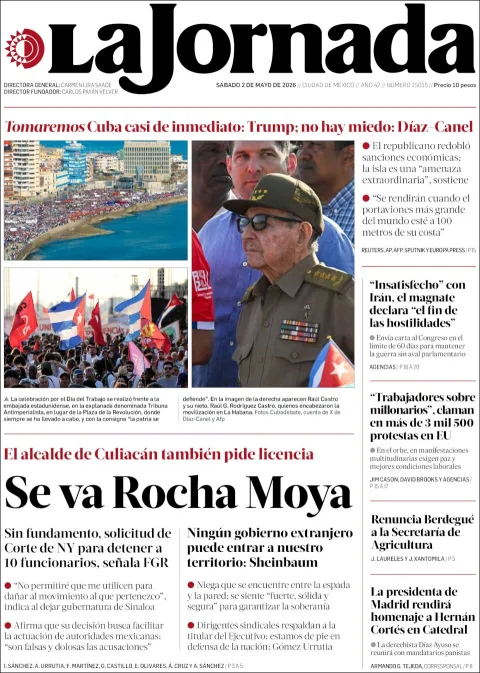 Portada de La Jornada del sábado, 2 de mayo de 2026
