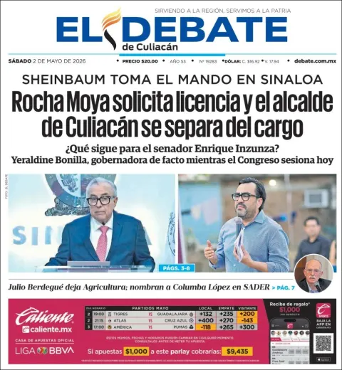 Portada de El Debate de Culiacan del sábado, 2 de mayo de 2026