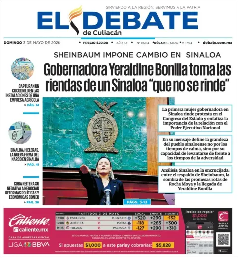 Portada de El Debate de Culiacan del domingo, 3 de mayo de 2026