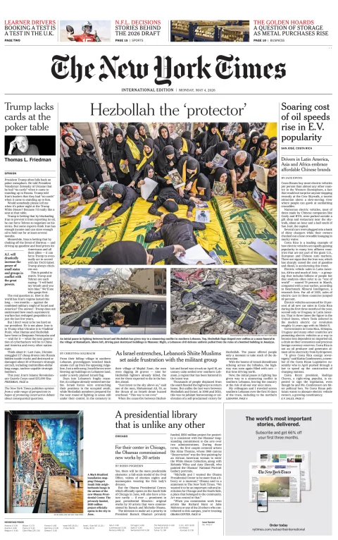 Portada de The New York Times (international) del lunes, 4 de mayo de 2026
