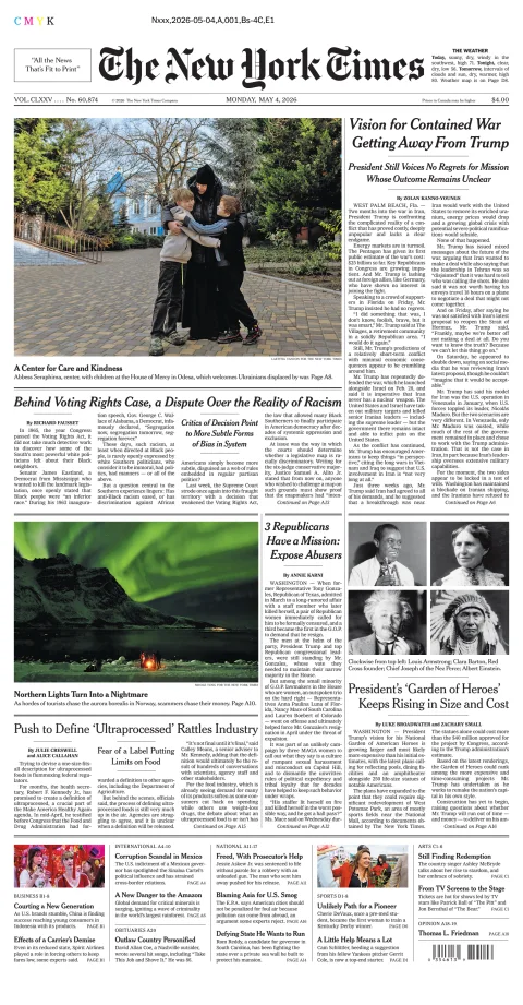 Portada de The New York Times (new York) del lunes, 4 de mayo de 2026