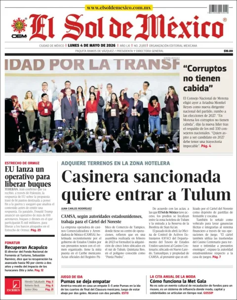 Portada de El Sol de Mexico del lunes, 4 de mayo de 2026