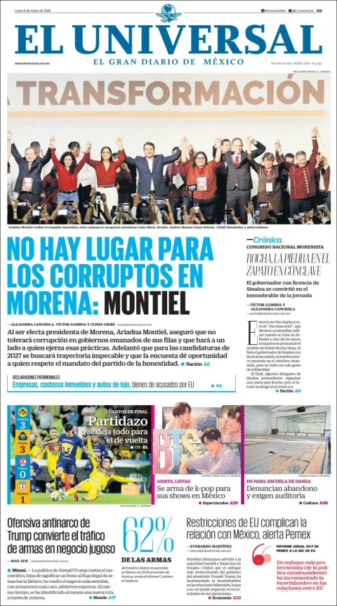 Portada de El Universal del lunes, 4 de mayo de 2026