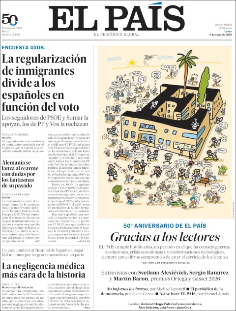 Portada de El Pais del lunes, 4 de mayo de 2026