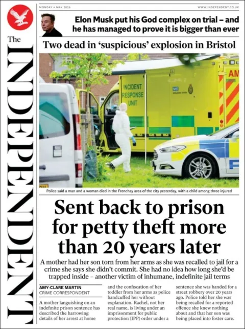 Portada de The Independent del lunes, 4 de mayo de 2026