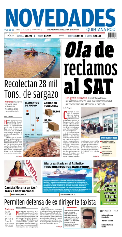 Portada de Novedades Quintana Roo del lunes, 4 de mayo de 2026