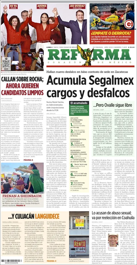 Portada de Reforma del lunes, 4 de mayo de 2026