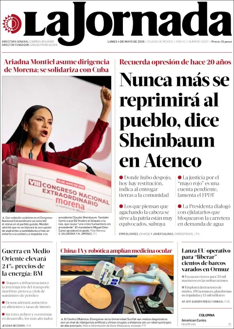 Portada de La Jornada del lunes, 4 de mayo de 2026