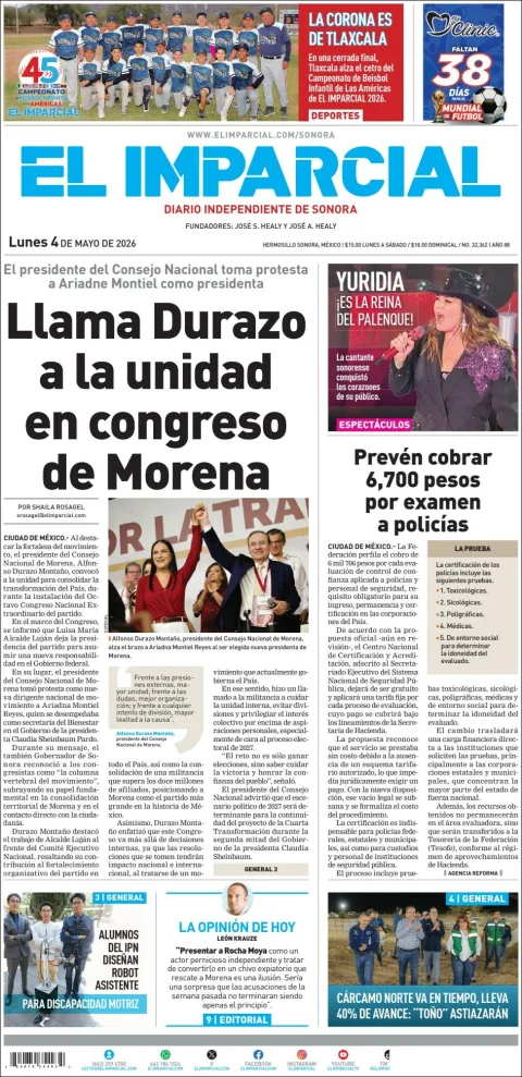 Portada de El Imparcial del lunes, 4 de mayo de 2026