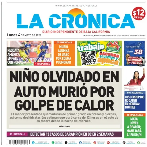 Portada de La Cronica del lunes, 4 de mayo de 2026