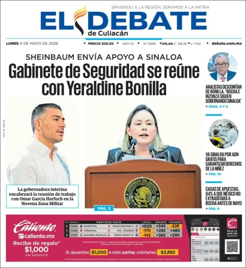 Portada de El Debate de Culiacan del lunes, 4 de mayo de 2026