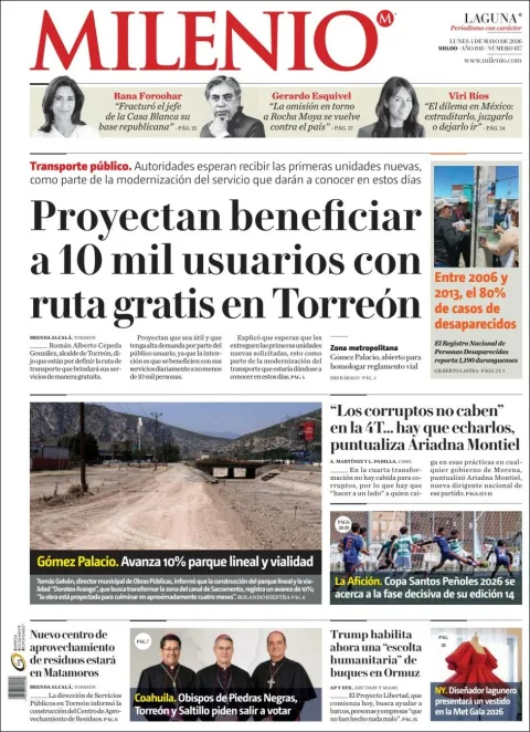 Portada de Milenio Laguna del lunes, 4 de mayo de 2026